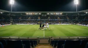 Wide view from stadium seats of a night soccer game. Four players contest the ball at midfield under bright