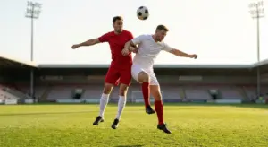 Two professional soccer players in contrasting red and white national team uniforms challenging for a mid-air ball on a