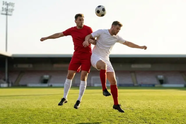 Two professional soccer players in contrasting red and white national team uniforms challenging for a mid-air ball on a